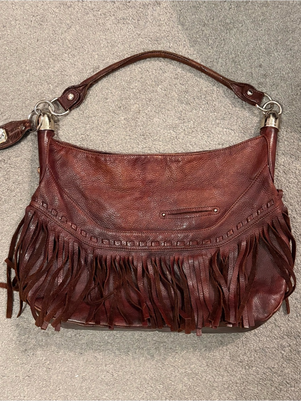 B. Makowsky Brown Pebbled Leather Fringe Hobo Bag Boho Y2K Purse